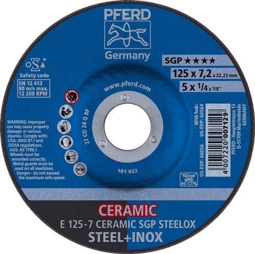PFERD TOOLS Schruppscheibe CERAMIC SGP STEELOX D125xS7mm gekr.STA Bohr.22,23mm PFERD
